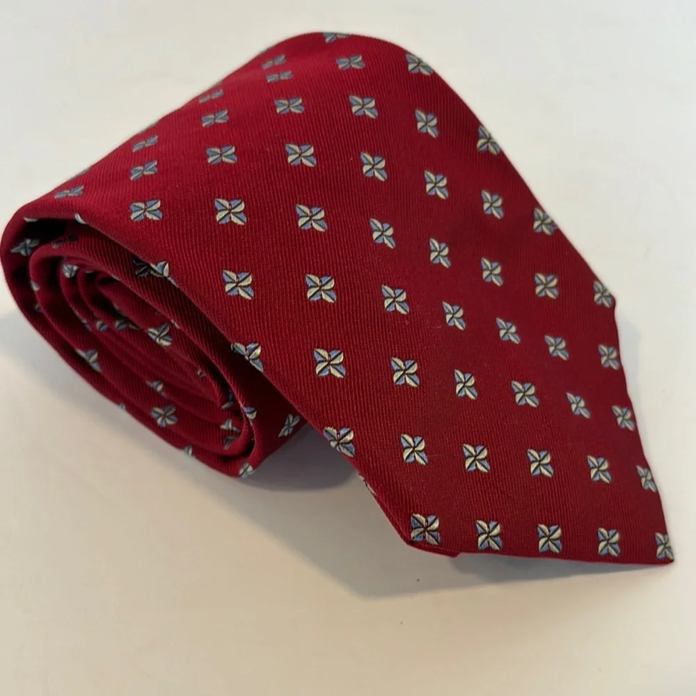 LUIGI BORRELLI NAPOLI Silk Red Tie with Blue & Tan Accents 58'